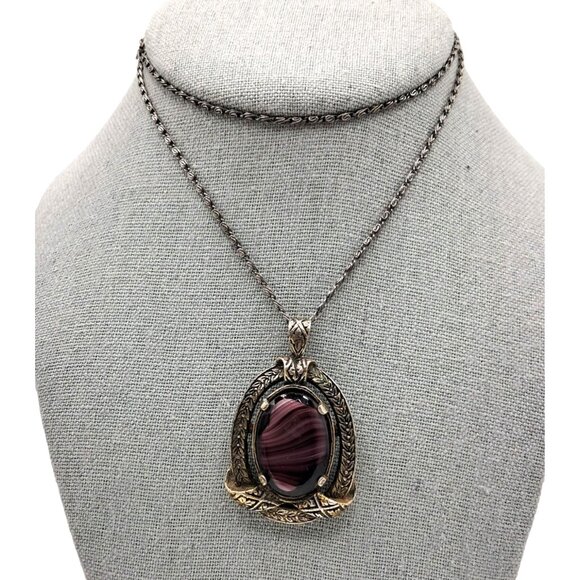 Porphryr Glass Necklace Purple Pendant Signed Miracle Celtic Vintage Costume Jew - Picture 2 of 8